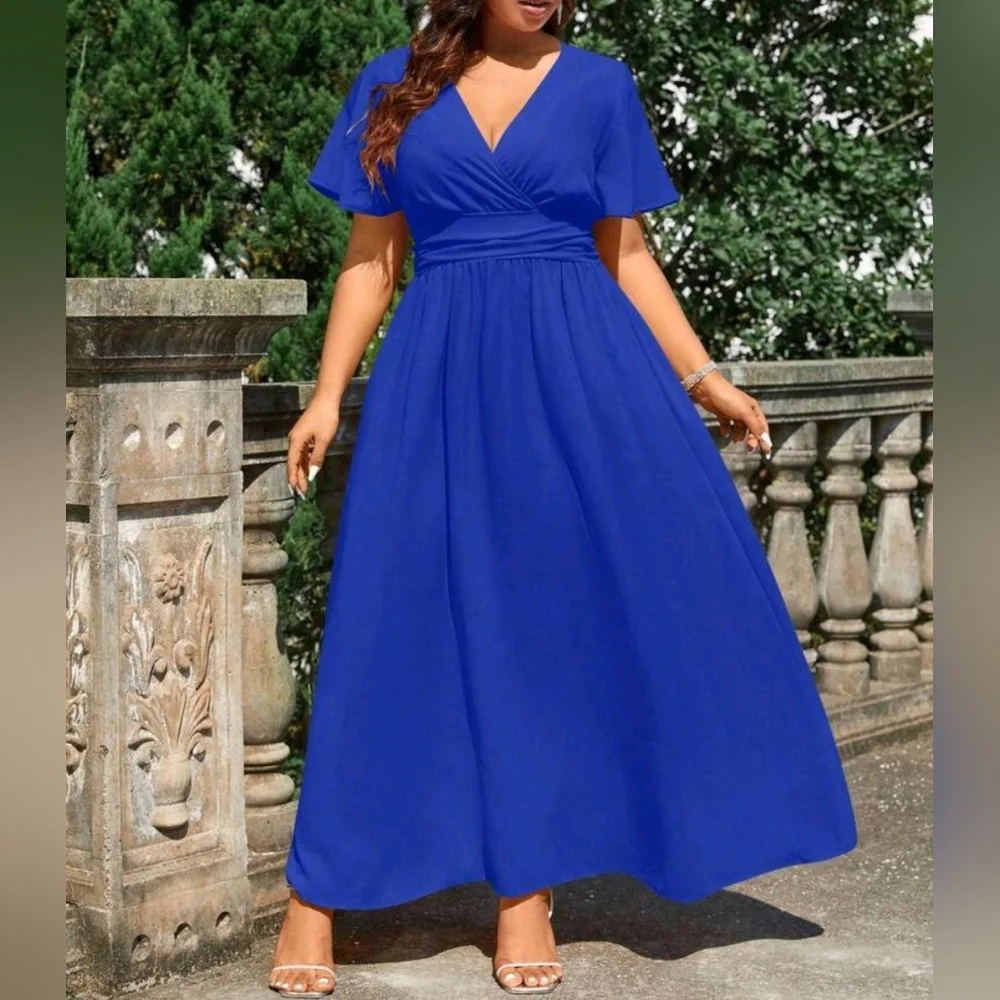 NEW Chic Ruched Waist Flutter Sleeve Maxi Dress PLUS Royal Blue